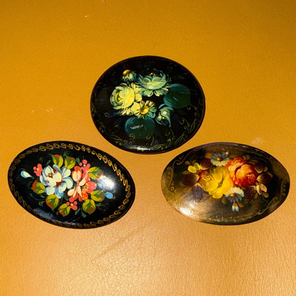 Vintage Floral Hand-Painted Russian Brooches - Black Background